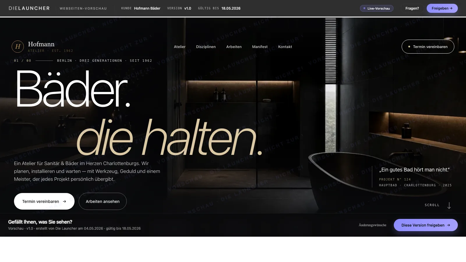 Vorschau eines Website-Entwurfs &mdash; Beispiel Maler Hofmann mit Wasserzeichen-Bar